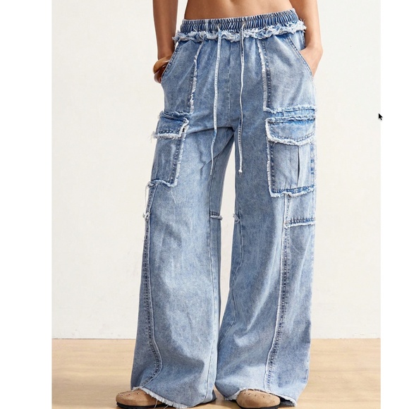 Denim - Light Wash Stretchy Waist Mineral Wash Wide Leg Denim Jeans Pants